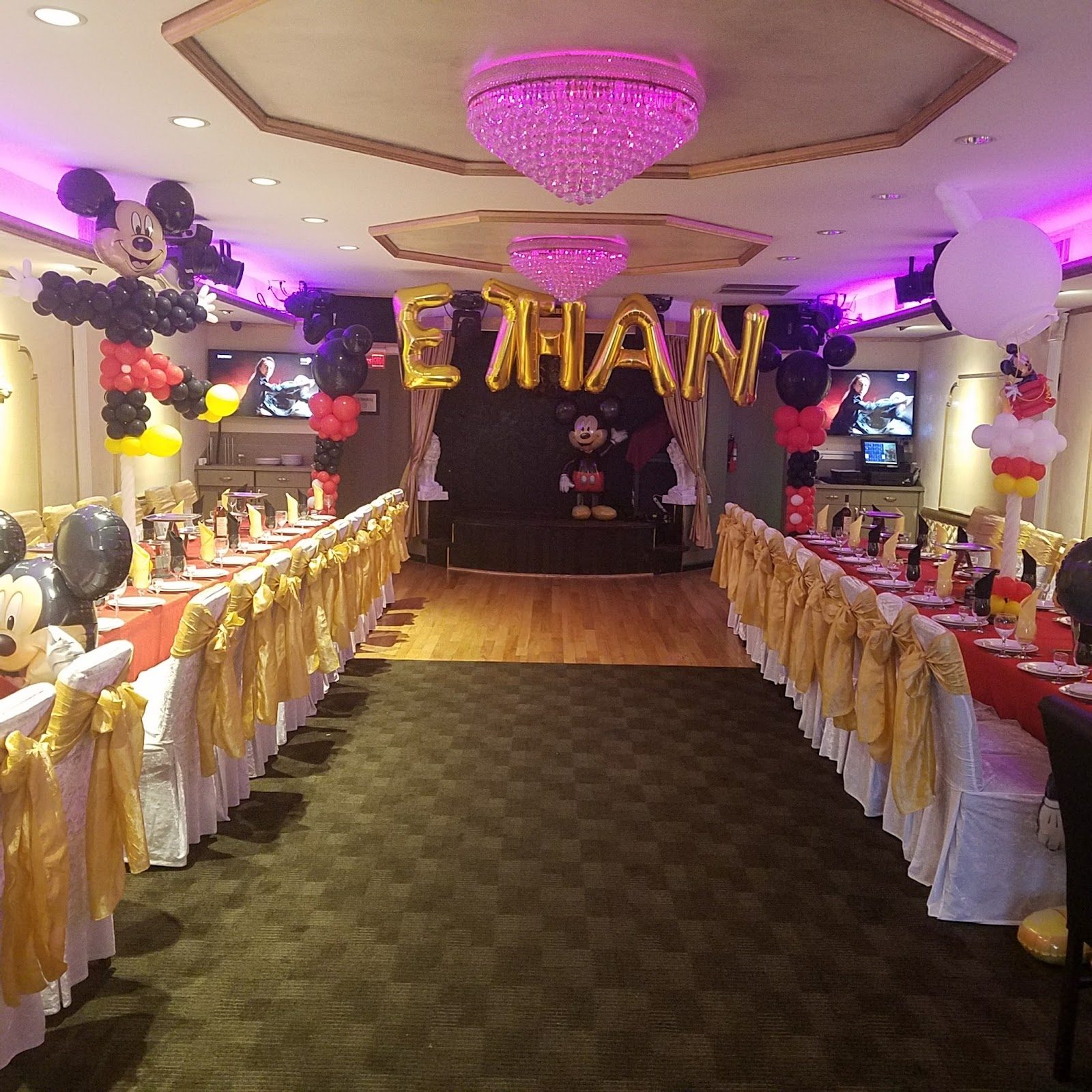 Golden Leo banquet hall decorated for a party